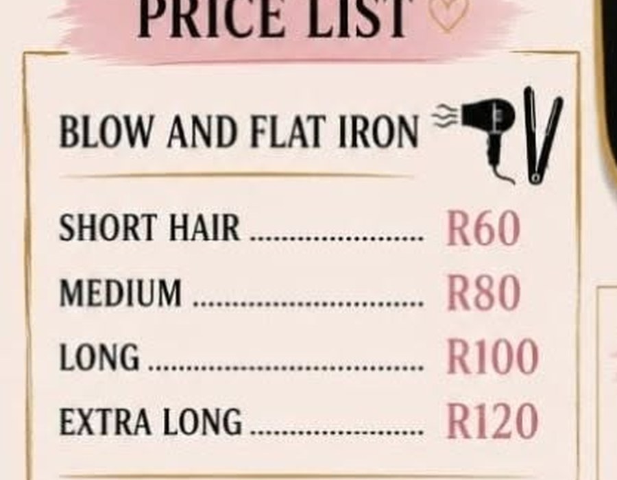 Zoe Hair and Lashes hair styling price list